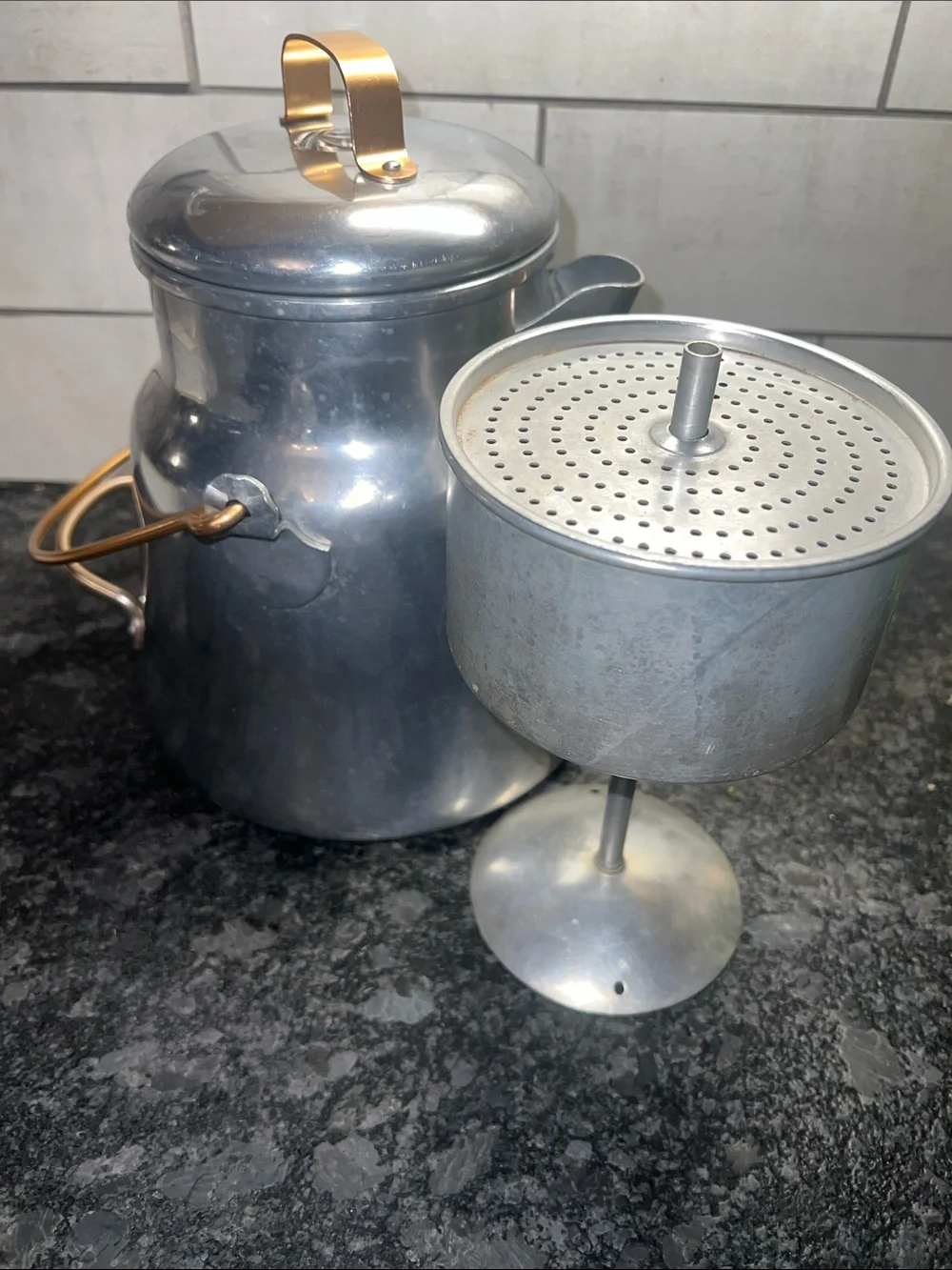 1950’s Wear Ever 16 Cup Aluminum Coffee Percolator with Copper Tone Handle